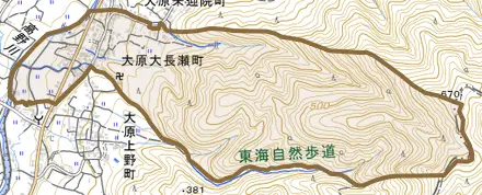 大原大長瀬町とその周辺の地図。町の範囲を重ねている
