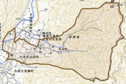 大原来迎院町とその周辺の地図。町の範囲を重ねている