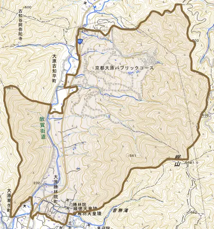 大原勝林院町とその周辺の地図。町の範囲を重ねている