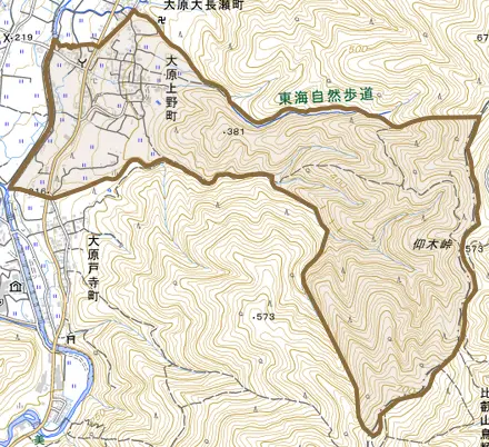 大原上野町とその周辺の地図。町の範囲を重ねている