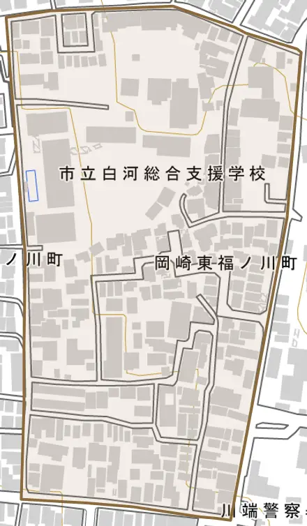 岡崎東福ノ川町とその周辺の地図。町の範囲を重ねている