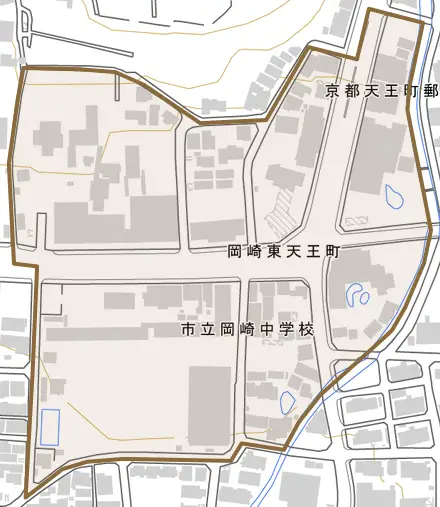 岡崎東天王町とその周辺の地図。町の範囲を重ねている