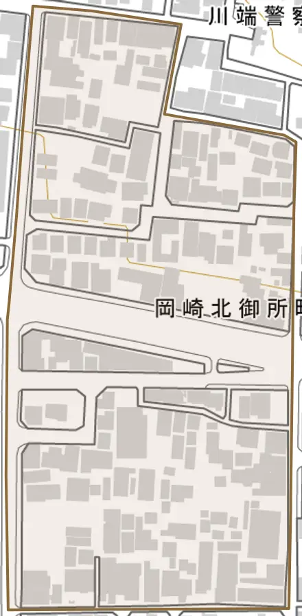 岡崎北御所町とその周辺の地図。町の範囲を重ねている