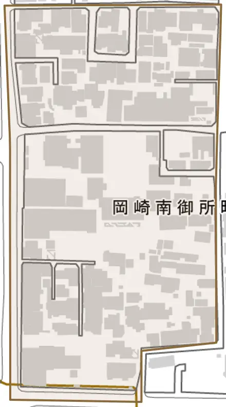 岡崎南御所町とその周辺の地図。町の範囲を重ねている
