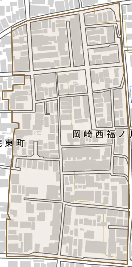 岡崎西福ノ川町とその周辺の地図。町の範囲を重ねている
