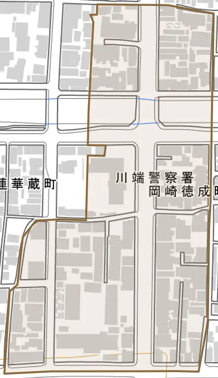 岡崎徳成町とその周辺の地図。町の範囲を重ねている