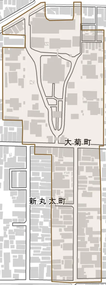 大菊町とその周辺の地図。町の範囲を重ねている