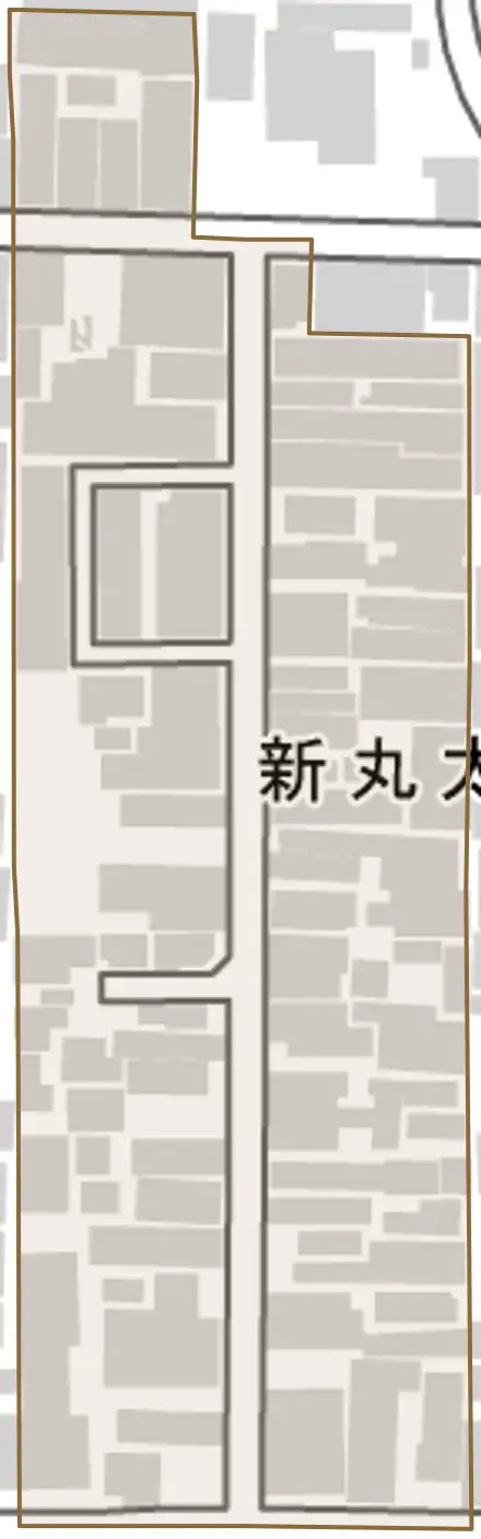 新丸太町とその周辺の地図。町の範囲を重ねている