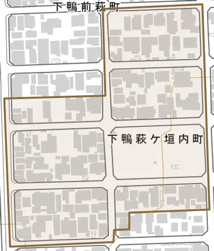 下鴨萩ケ垣内町とその周辺の地図。町の範囲を重ねている