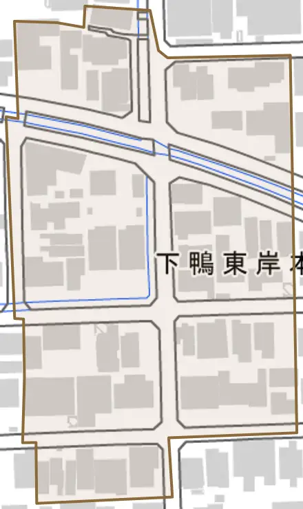 下鴨東岸本町とその周辺の地図。町の範囲を重ねている