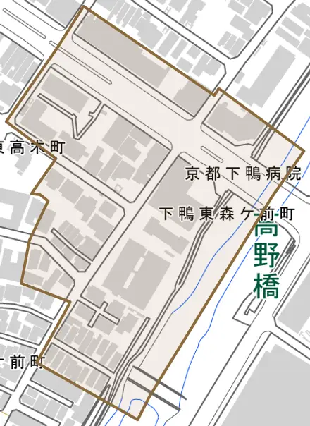 下鴨東森ケ前町とその周辺の地図。町の範囲を重ねている