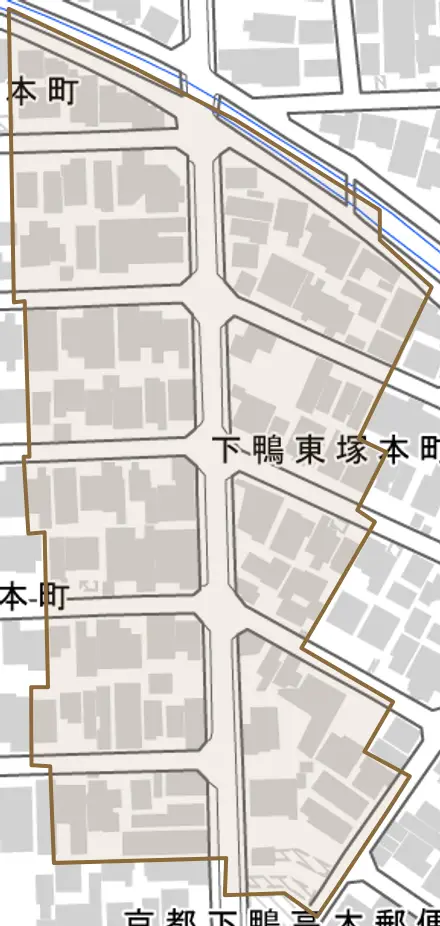 下鴨東塚本町とその周辺の地図。町の範囲を重ねている