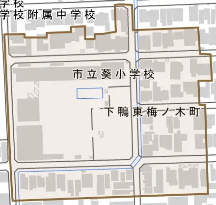 下鴨東梅ノ木町とその周辺の地図。町の範囲を重ねている