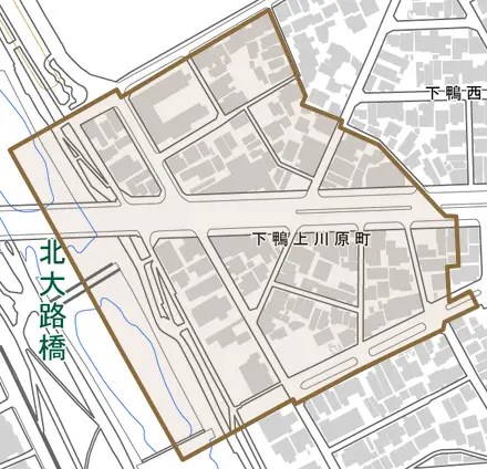 下鴨上川原町とその周辺の地図。町の範囲を重ねている