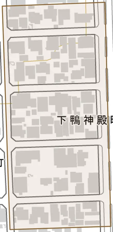 下鴨神殿町とその周辺の地図。町の範囲を重ねている