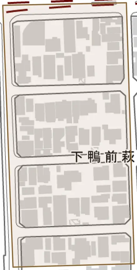下鴨前萩町とその周辺の地図。町の範囲を重ねている
