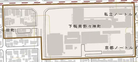 下鴨南野々神町とその周辺の地図。町の範囲を重ねている