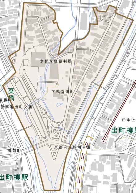 下鴨宮河町とその周辺の地図。町の範囲を重ねている