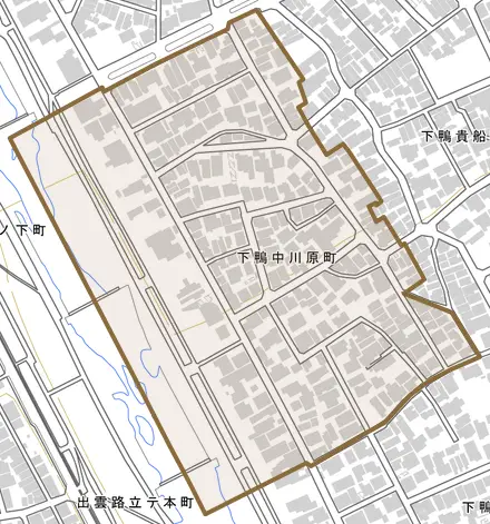 下鴨中川原町とその周辺の地図。町の範囲を重ねている