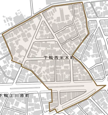 下鴨西半木町とその周辺の地図。町の範囲を重ねている