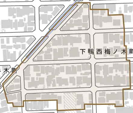 下鴨西梅ノ木町とその周辺の地図。町の範囲を重ねている