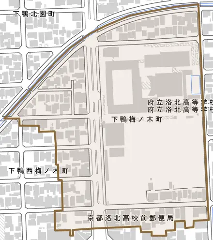 下鴨梅ノ木町とその周辺の地図。町の範囲を重ねている