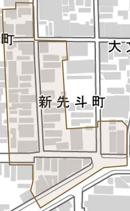 新先斗町とその周辺の地図。町の範囲を重ねている