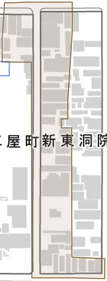新東洞院町とその周辺の地図。町の範囲を重ねている