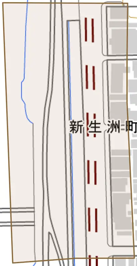 新生洲町とその周辺の地図。町の範囲を重ねている