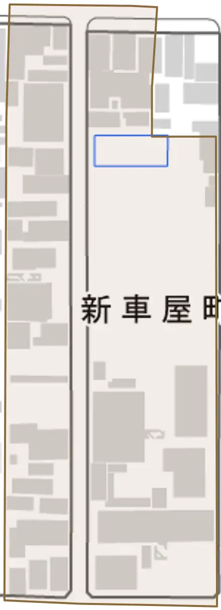 新車屋町とその周辺の地図。町の範囲を重ねている