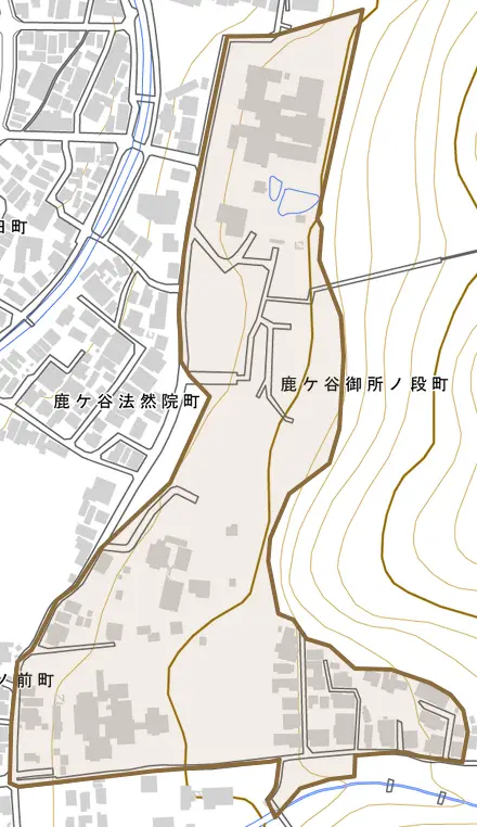 鹿ケ谷御所ノ段町とその周辺の地図。町の範囲を重ねている