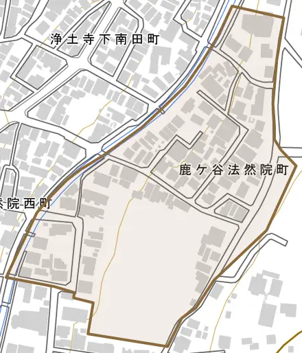 鹿ケ谷法然院町とその周辺の地図。町の範囲を重ねている