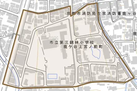 鹿ケ谷上宮ノ前町とその周辺の地図。町の範囲を重ねている