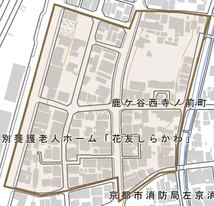 鹿ケ谷西寺ノ前町とその周辺の地図。町の範囲を重ねている