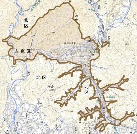 静市市原町とその周辺の地図。町の範囲を重ねている