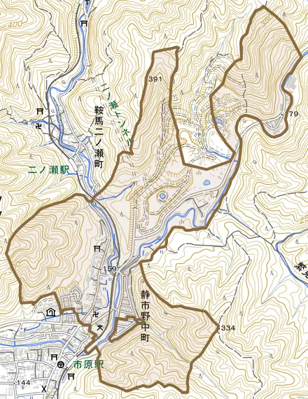 静市野中町とその周辺の地図。町の範囲を重ねている