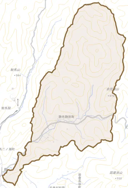 静市静原町とその周辺の地図。町の範囲を重ねている
