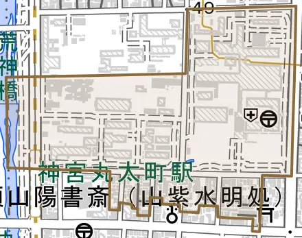 聖護院川原町とその周辺の地図。町の範囲を重ねている