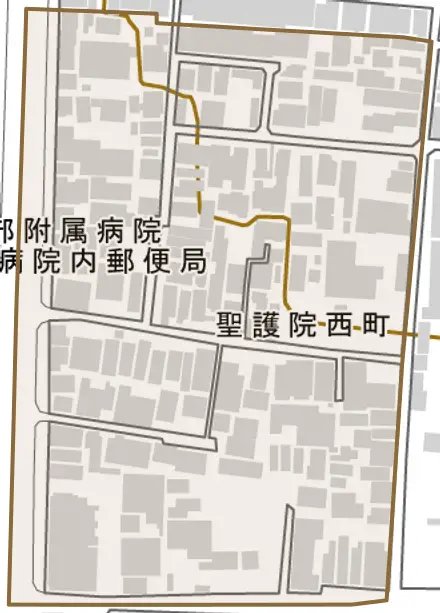 聖護院西町とその周辺の地図。町の範囲を重ねている