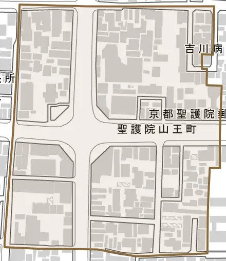 聖護院山王町とその周辺の地図。町の範囲を重ねている
