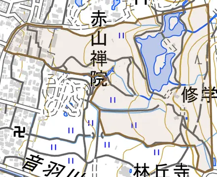 修学院馬場脇町とその周辺の地図。町の範囲を重ねている