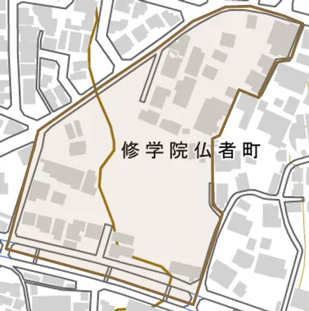 修学院仏者町とその周辺の地図。町の範囲を重ねている