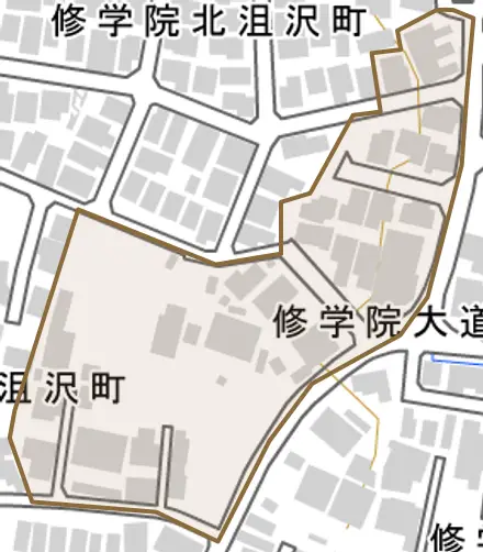 修学院大道町とその周辺の地図。町の範囲を重ねている