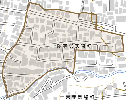 修学院狭間町とその周辺の地図。町の範囲を重ねている