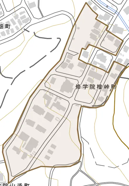 修学院檜峠町とその周辺の地図。町の範囲を重ねている