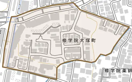修学院犬塚町とその周辺の地図。町の範囲を重ねている