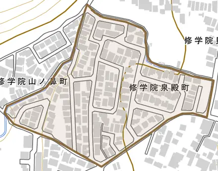 修学院泉殿町とその周辺の地図。町の範囲を重ねている