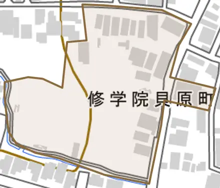 修学院貝原町とその周辺の地図。町の範囲を重ねている
