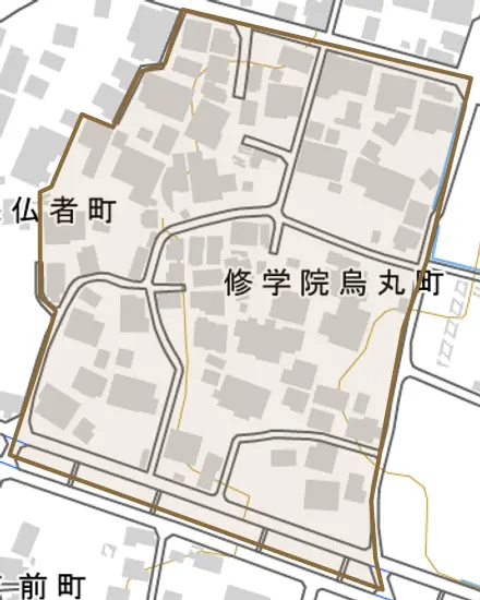 修学院烏丸町とその周辺の地図。町の範囲を重ねている