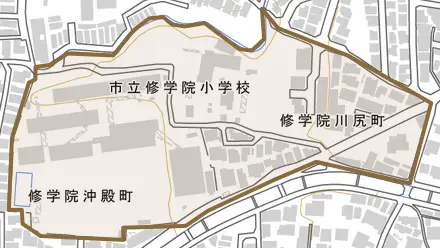 修学院川尻町とその周辺の地図。町の範囲を重ねている